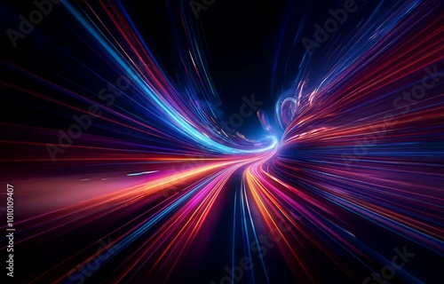 Abstract light trails in a dark tunnel  with vibrant colors and a sense of speed and motion.