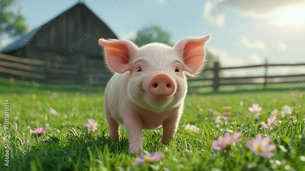 A soft pink piglet explores a field of flowers under a bright blue sky A soft pink piglet explores a field of flowers under a bright blue sky
