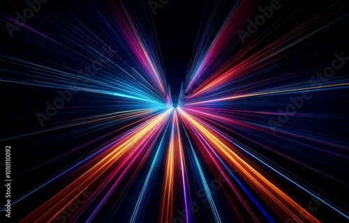 A dark background with bright, colorful streaks of light radiating out from the center.