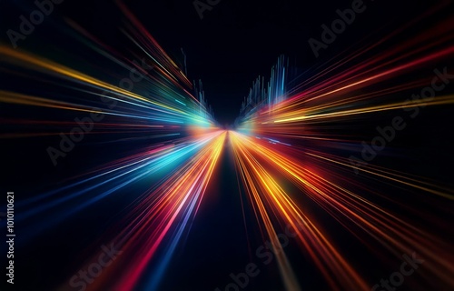 Abstract streaks of colorful light converging in the center of a black background.