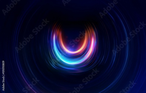 A dark background with a swirling abstract light display. The lights are blue, orange, and pink.