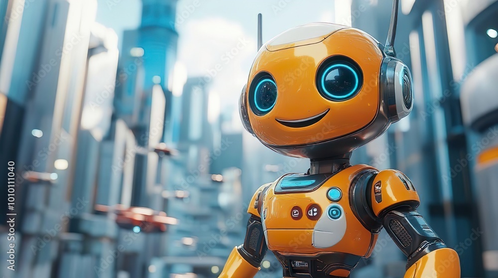 Friendly Retro Robot with Bright Blue Eyes in Workshop Setting Friendly Retro Robot with Bright Blue Eyes in Workshop Setting