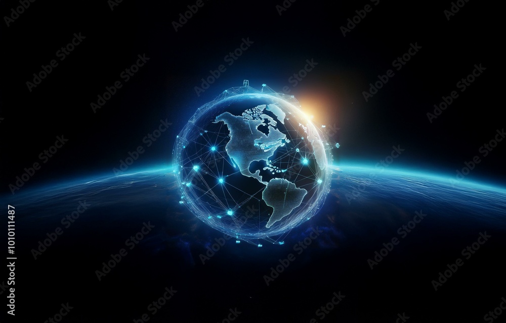 Fototapeta premium A glowing, digital globe with a network of lines and nodes connecting different points on the earth, set against a dark blue sky with a sliver of blue and white horizon.