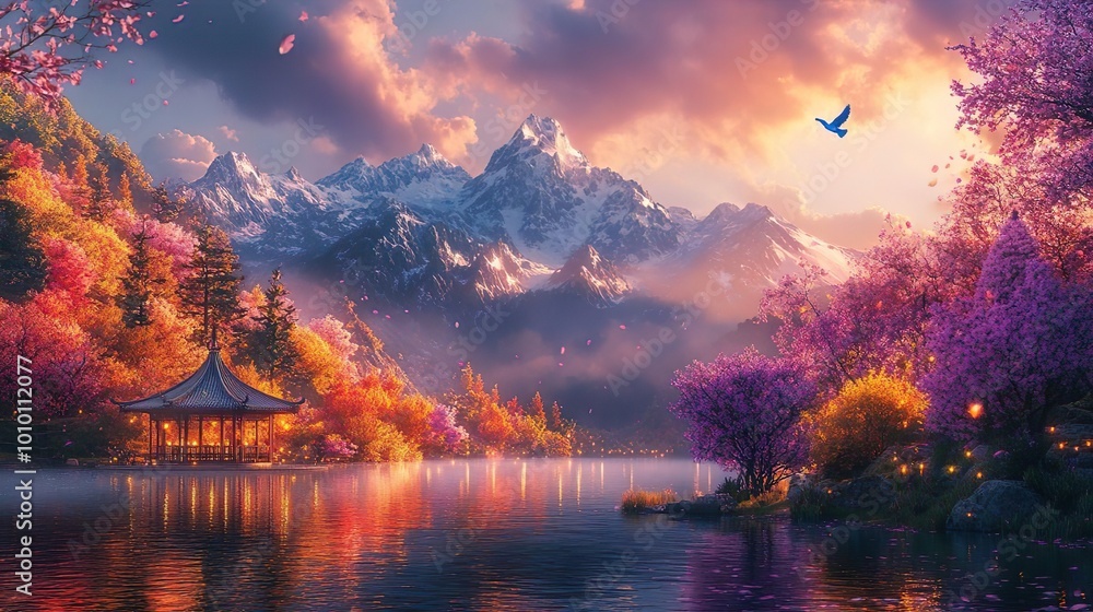 Serene gazebo by a sparkling lake with majestic mountains Serene gazebo by a sparkling lake with majestic mountains