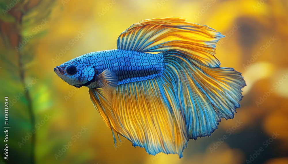 A vibrant blue and yellow betta fish swims gracefully against a blurred aquatic backdrop, showcasing its elegant fins and stunning colors. A vibrant blue and yellow betta fish swims gracefully against a blurred aquatic backdrop, showcasing its elegant fins and stunning colors.