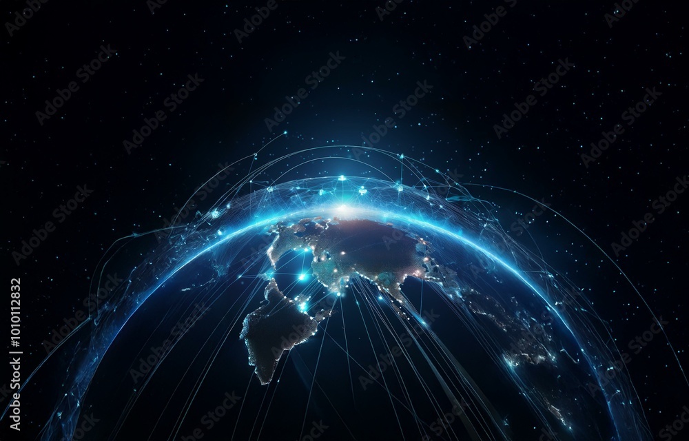 A glowing blue globe with illuminated continents is surrounded by a web of lines, representing a global network. A glowing blue globe with illuminated continents is surrounded by a web of lines, representing a global network.