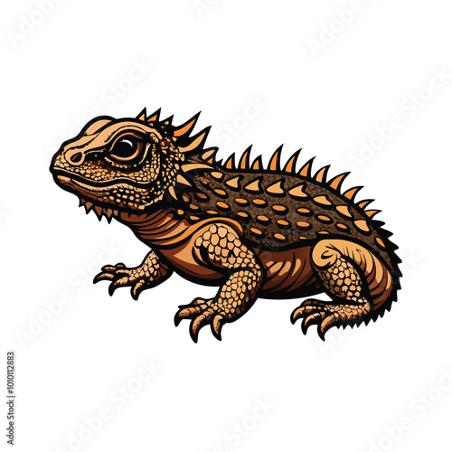 A detailed close-up illustration of a tuatara lizard, showcasing its spiky skin,  sharp claws, and watchful eye. photo