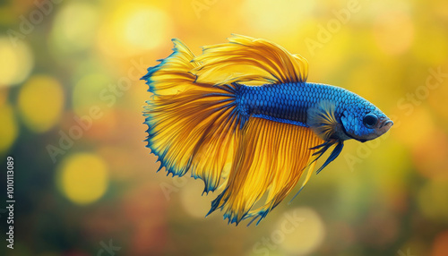 Vibrant blue and yellow betta fish swimming gracefully, showcasing its flowing fins against a colorful bokeh background.