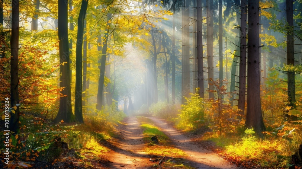 Serene Pathway Through Vibrant Autumn Forest Serene Pathway Through Vibrant Autumn Forest