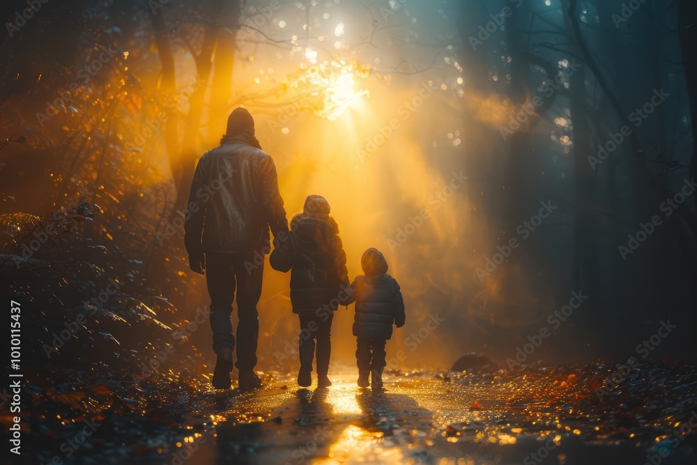 Journey to the Light: Family Silhouette Walking into a Bright Future Journey to the Light: Family Silhouette Walking into a Bright Future