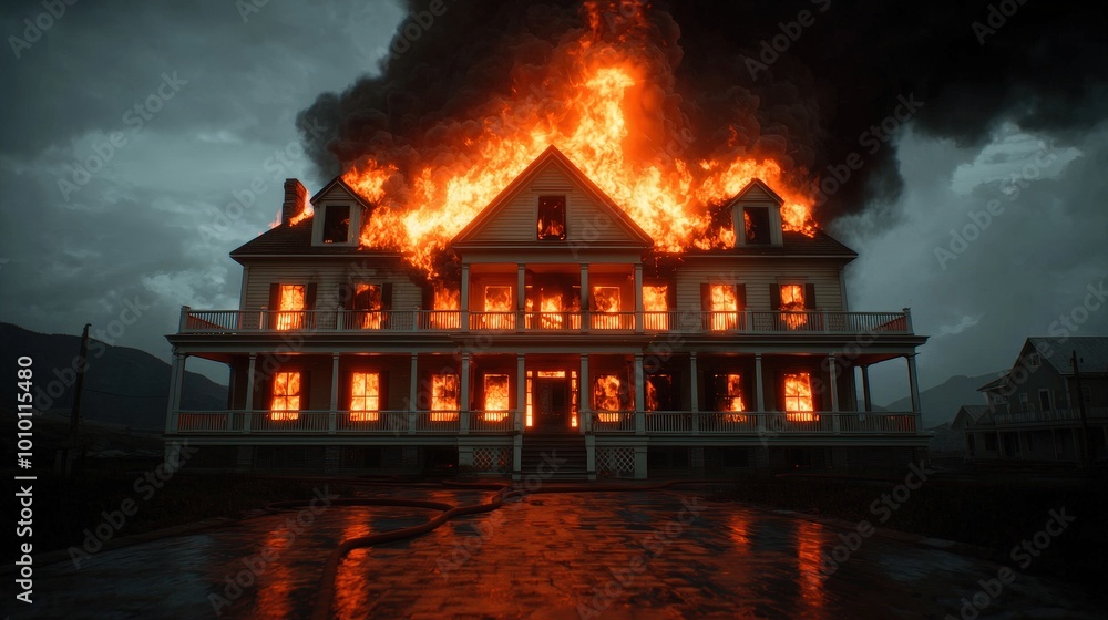 Burning House Fire Damage Flames Disaster Dramatic Scene Burning House Fire Damage Flames Disaster Dramatic Scene