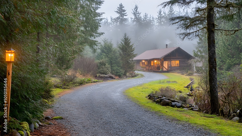A secluded gravel road lined with tall pines, gently curving toward a hidden cabin in the distance, surrounded by mist and an inviting atmosphere A secluded gravel road lined with tall pines, gently curving toward a hidden cabin in the distance, surrounded by mist and an inviting atmosphere