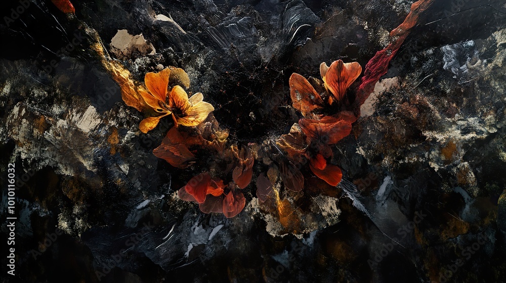 Abstract Floral Art: Golden and Red Flowers on Black Background Abstract Floral Art: Golden and Red Flowers on Black Background