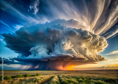 massive towering thunderhead looms over vast open plain, showcasing dramatic cloud formations and vibrant colors at sunset. scene evokes sense of awe and wonder