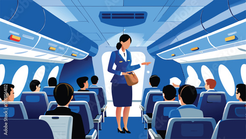 A flight attendant in a blue uniform assists passengers on a plane.