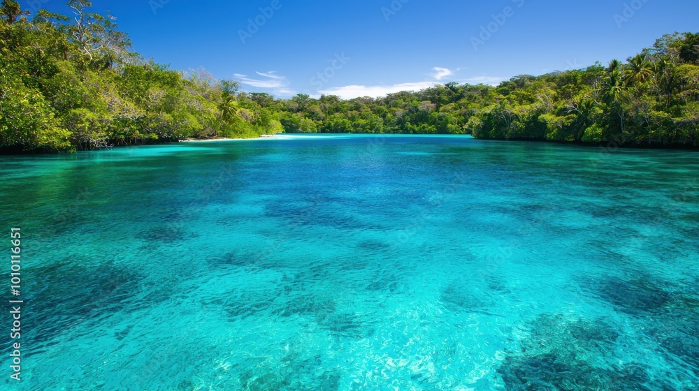 A beautiful blue lake with trees in the background A beautiful blue lake with trees in the background