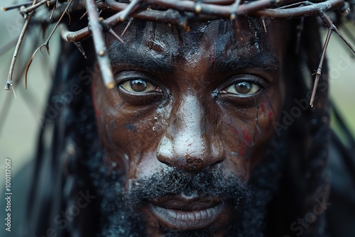 Black Jesus Christ with Crown of Thorns: Photorealistic Close-up Portrait