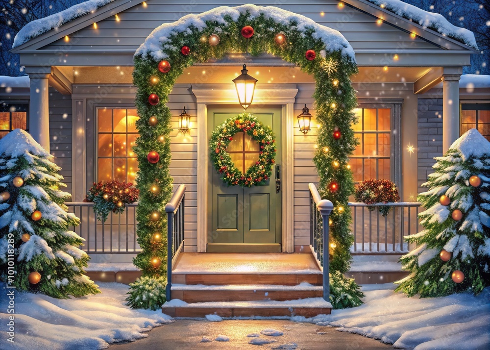 Inviting Christmas porch adorned with festive wreaths, garlands, and twinkling lights, creating a warm and welcoming atmosphere on a snowy winter evening. Inviting Christmas porch adorned with festive wreaths, garlands, and twinkling lights, creating a warm and welcoming atmosphere on a snowy winter evening.