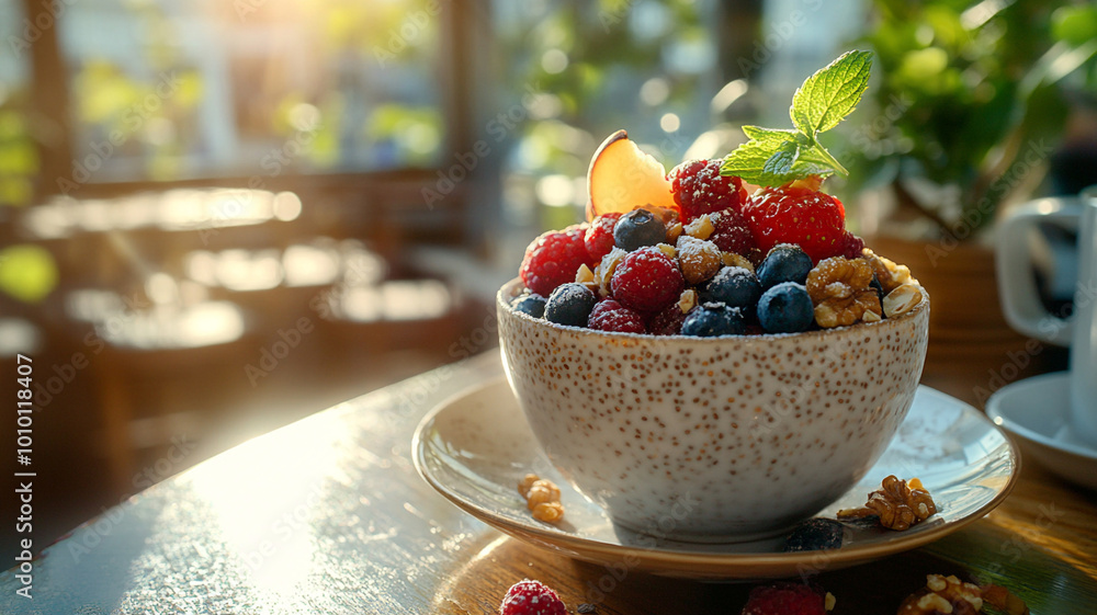 Chia pudding, fruits, berries, nuts in mug on table near window. Chia pudding, fruits, berries, nuts in mug on table near window.