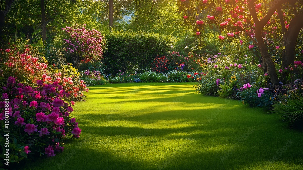 Sunlit Garden with Lush Greenery and Blooming Flowers Sunlit Garden with Lush Greenery and Blooming Flowers