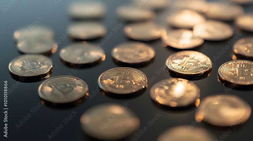 Close-up of gold-colored crypto coins scattered on a black surface. Close-up of gold-colored crypto coins scattered on a black surface.