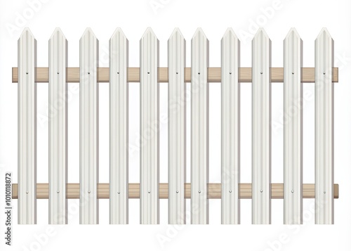 Clean and modern isolated white wooden picket fence on transparent background with horizontal planks and vertical posts, perfect for graphic designs and edits.