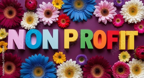 non profit word lettering on flowers background photo