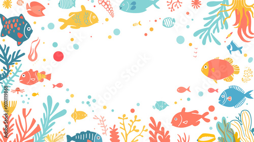 Sea fishes theme frame vector doodle art design
