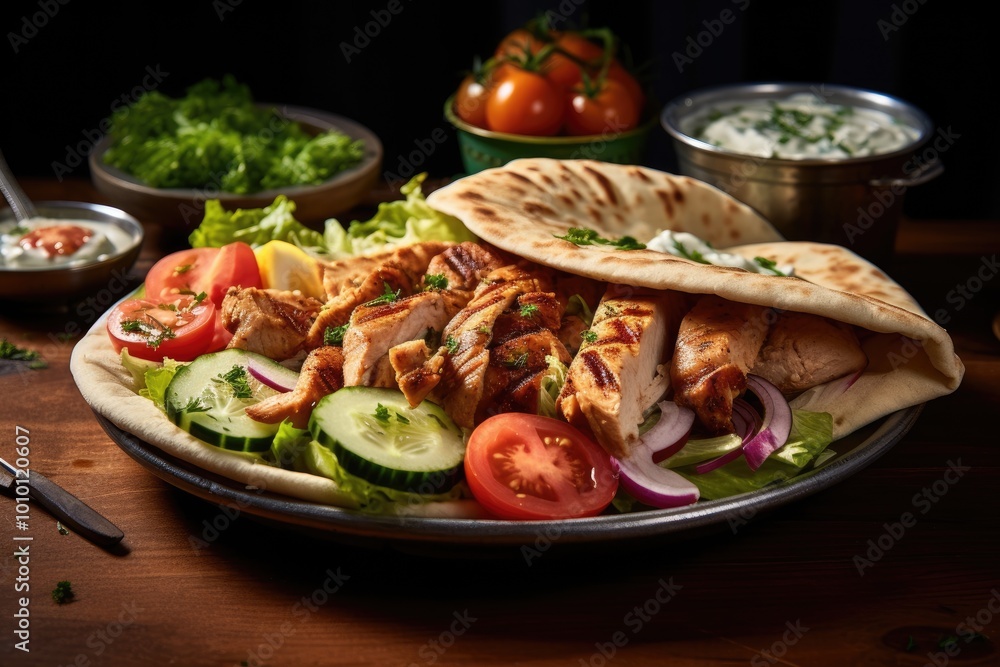 Grilled Chicken Pita with Fresh Vegetables and Tzatziki Sauce Grilled Chicken Pita with Fresh Vegetables and Tzatziki Sauce