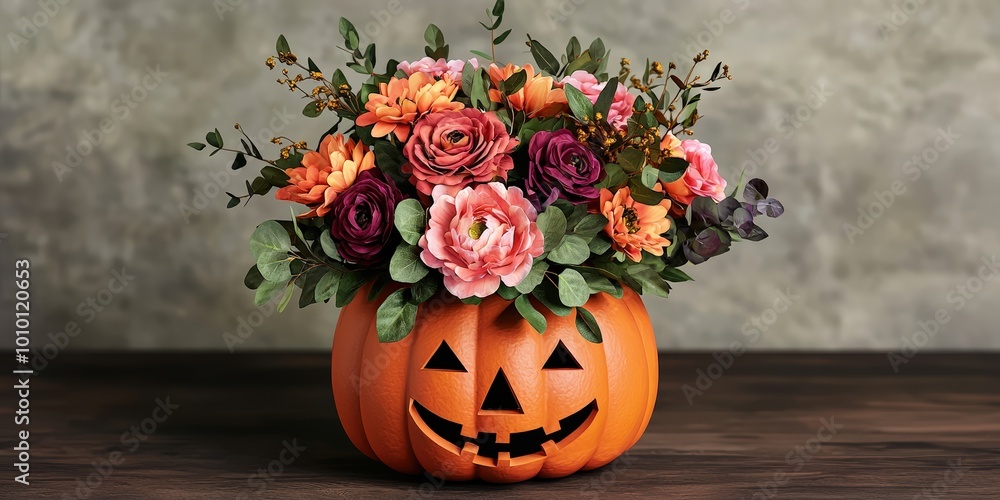 Obraz premium Festive Autumn Floral Arrangement in Pumpkin Vase for Halloween and Thanksgiving Decor