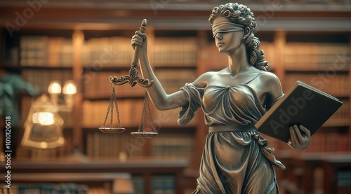 An artistic representation of the statue of Lady Justice holding scales and a book, with a blindfolded face, standing in front of a blurred background of a classic wooden library. 