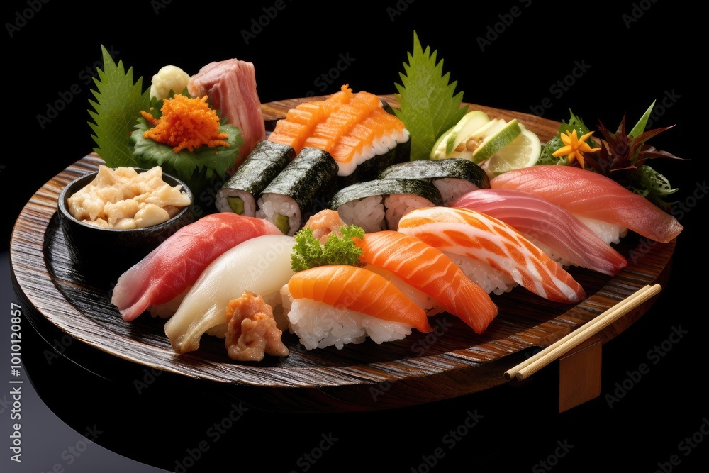 Assortment of Sushi on a Wooden Plate with Chopsticks Assortment of Sushi on a Wooden Plate with Chopsticks