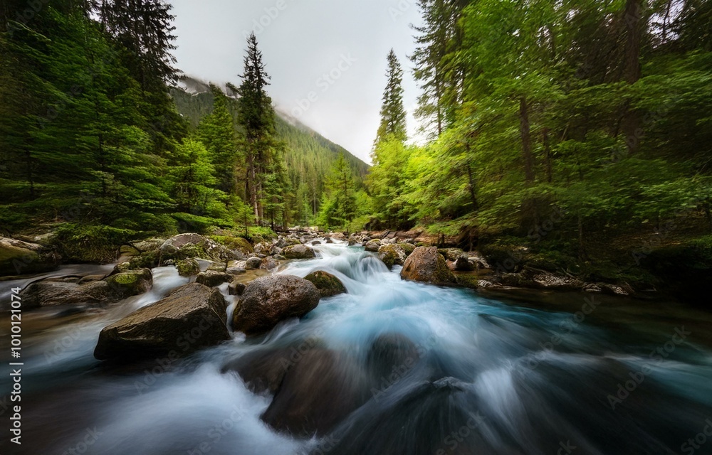 A rushing river flows through a dense forest, surrounded by moss-covered boulders and tall trees. A rushing river flows through a dense forest, surrounded by moss-covered boulders and tall trees.