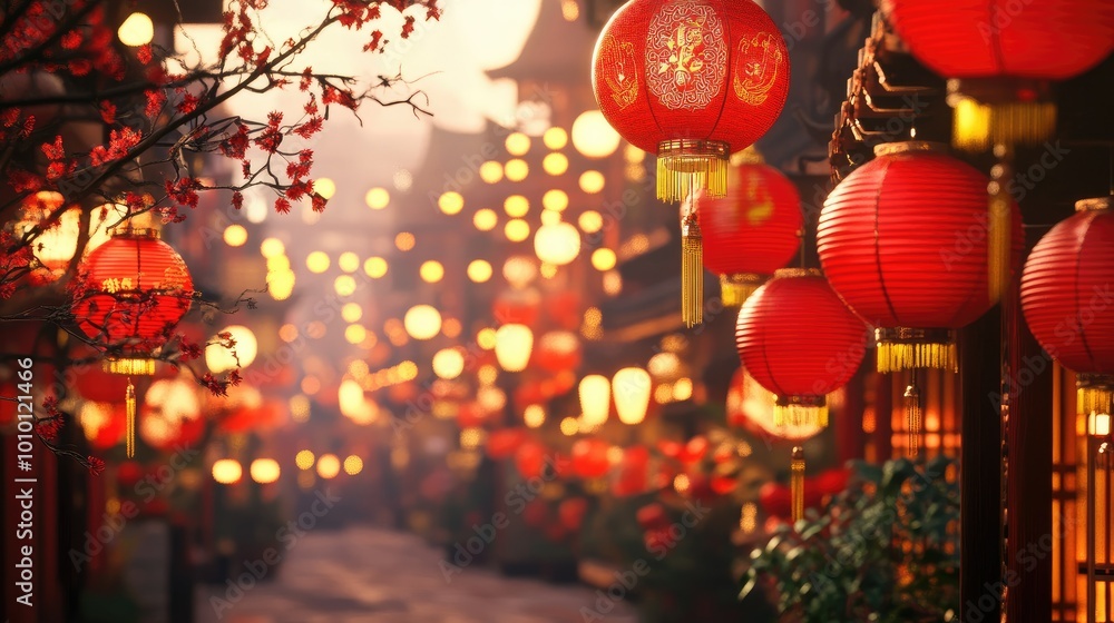 A vibrant street scene with red lanterns and decorations for Chinese New Year A vibrant street scene with red lanterns and decorations for Chinese New Year