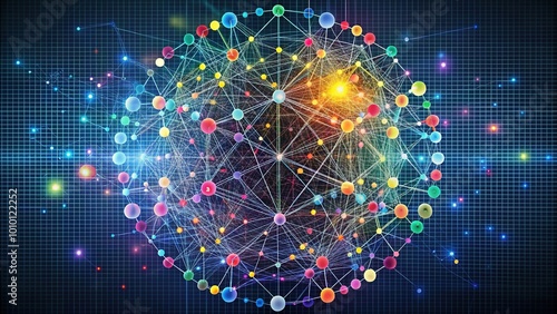 Obraz na płótnie Colorful circular graph with interconnected nodes and lines displaying complex data relationships, set against a dark background with subtle grid pattern.