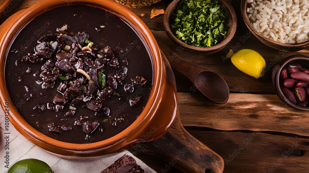 A bowl of feijoada, a traditional Brazilian stew, is surrounded by various side dishes and ingredients. A bowl of feijoada, a traditional Brazilian stew, is surrounded by various side dishes and ingredients.