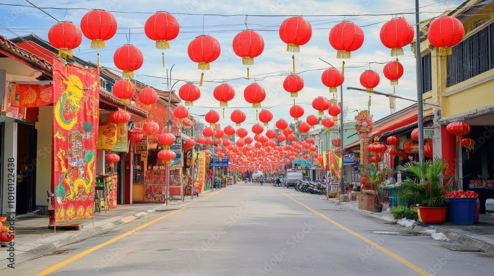 A vibrant street scene with red lanterns and decorations for Chinese New Year A vibrant street scene with red lanterns and decorations for Chinese New Year