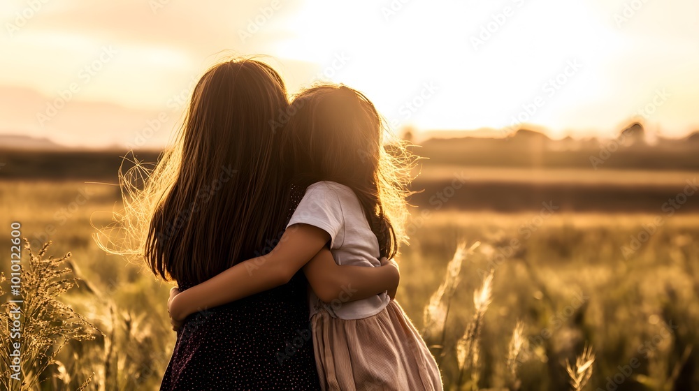Two young girls embrace in a field at sunset. Two young girls embrace in a field at sunset.
