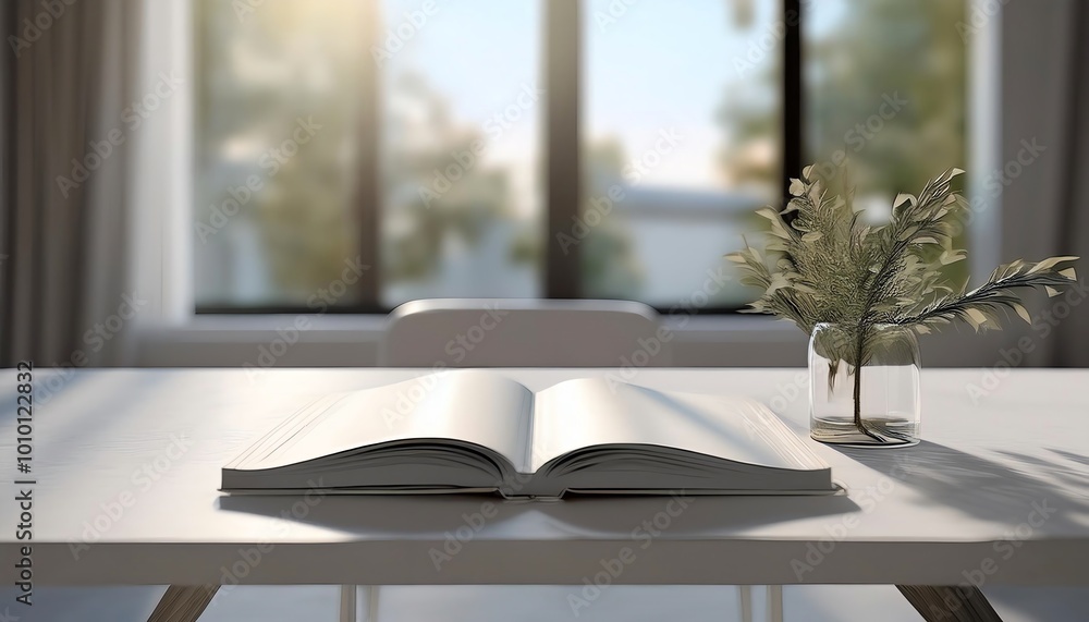 Fototapeta premium A serene scene featuring an open book on a white table, illuminated by natural light from a window, complemented by a simple vase of flowers.