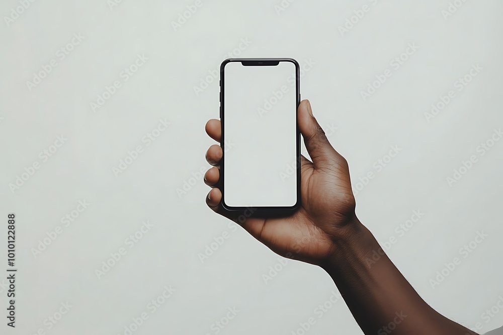 Fototapeta premium African man holding mobile phone horizontally for mockup design.