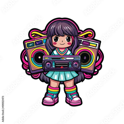 A cute, anime-style girl with big eyes and long hair holding a colorful boombox.