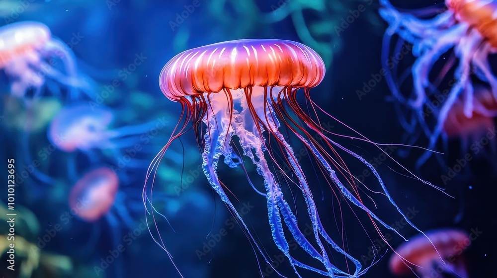 Mesmerizing Jellyfish: Underwater Enchantment in Vibrant Hues Mesmerizing Jellyfish: Underwater Enchantment in Vibrant Hues