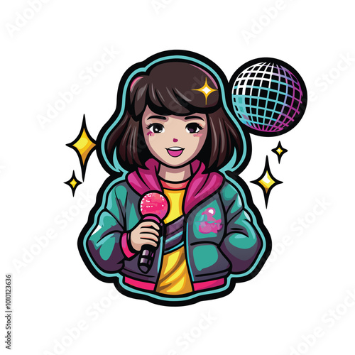 Kawaii anime girl in an 80s style jacket holding a retro microphone with a disco ball behind her.