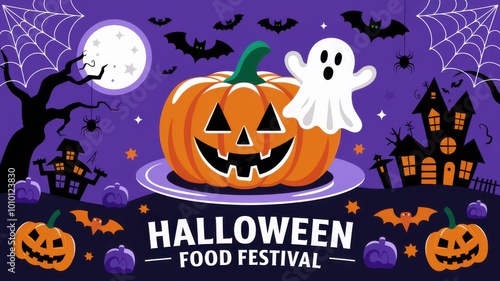 Halloween food festival with pumpkins, ghost, bats, and spooky decorations.