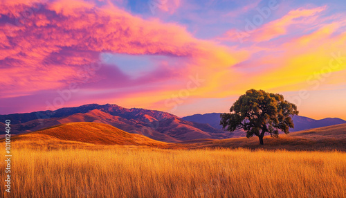 Lone tree stands in a golden field under a vibrant sunset sky, with rolling hills and distant mountains creating a serene and picturesque landscape.