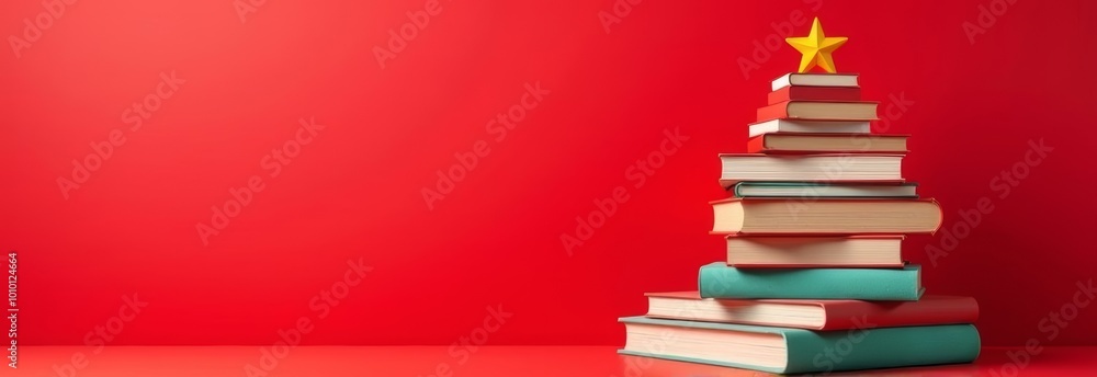 Books stacked in a creative arrangement with a star on top against a vibrant red background for a festive touch Books stacked in a creative arrangement with a star on top against a vibrant red background for a festive touch
