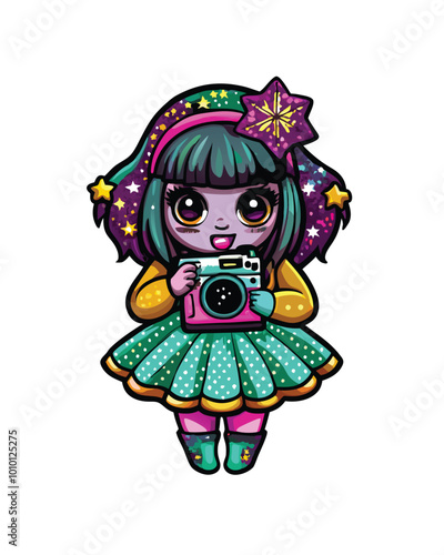 A kawaii girl with big eyes and a cute smile wearing a glittery green tutu and a pink camera.