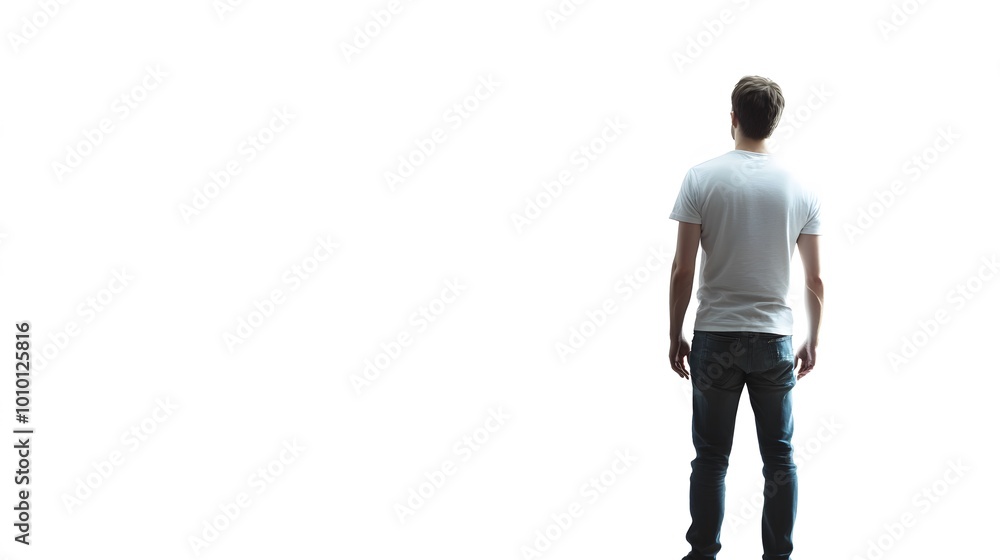 A young man stands facing away from the camera, lost in thought. A young man stands facing away from the camera, lost in thought.