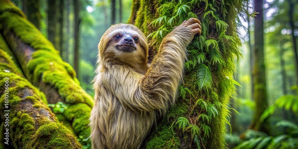 Obraz premium A slow-moving, furry, arboreal mammal with curved claws and a shaggy coat ascends a moss-covered tree trunk in a lush, vibrant rainforest environment.
