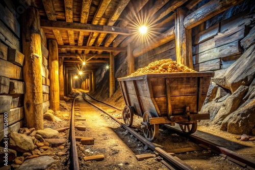 Rusted mining cart filled with gold ore sits on tracks deep within a dimly lit precious metal mine, surrounded by old wooden beams and rocks. photo